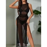 Elegant Love Strandkleid Bikini Cover-up, lang: Beinschlitz & Kordelzug – Sexy Sommerkleid Strandtunika, leicht: Hoher Schlitz & Bindeband – Sommerlook