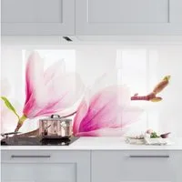 Bilderdepot24 Küchenrückwand rosa dekor Blumen Wandpaneel Küche Zarter Magnolienzweig, (1-tlg., Nischenrückwand - für Fliesenspiegel ohne Bohren - matt), Spritzschutz Rückwand Küche Herd - Folie selbstklebend versch. Größen