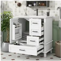 Flieks Waschtisch mit 3 Schubladen und Türregal, Waschbeckenunterschrank mit Waschbecken (B76/T46/H83,5 cm, Beine aus Massivholz, 1-St., bodenstehend, Badschrank Badzimmerschrank Volllackierung), Badezimmerschrank mit Keramikbecken Badmöbel in Breite