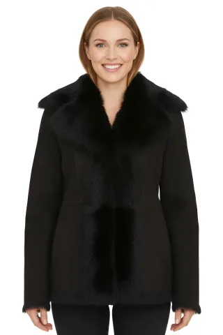 Damen Schwarze Schaffell Toscana Merino Shearling Wildlederjacke-Siena