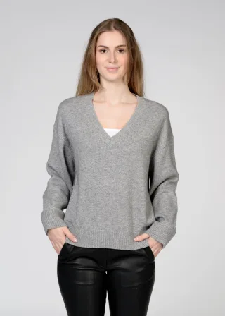 IN LINEA - Pullover, V-Ausschnitt,1/1-Arm flanell mel. - Gr. - 42