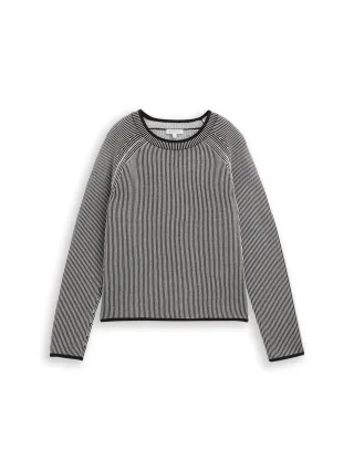 Tom Tailor - Strickpullover mit Rundhalsausschnitt black white plaited knit - Gr. - L