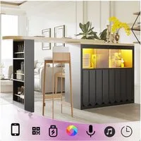 Flieks Bartisch mit 360° drehbar Tisch, LED-Beleuchtung und Glas-Schiebetüren (Set, 2-St., mit Rollen und verstellbaren Einlegeböden, 135-205×39×100cm), beweglicher Stehtisch Küchenschrank mit zaunförmige Türen Schwarz