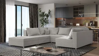 Wohnlandschaft Sofa ANDRO Schlaffunktion und Hocker Stoff Lincoln Lichtgrau