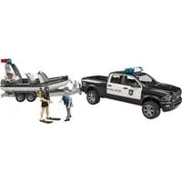RAM 2500 Polizei Pickup, L+S Modul, Anhänger mit Boot, Modellfahrzeug schwarz/weiß, Inkl. 2 Figuren