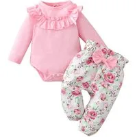 Gluckids Shirt & Hose Baby Mädchen Rüschen Süßes Set Langarm Strampler + Blumen Hose Outfits (Sets, 2-tlg) Kleinkind einfarbig Jumpsuit Hosenanzug Frühling & Herbst Babykleidung