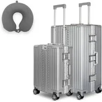 WINLIFE Trolley Hartschalen-Koffer Alu-Rahmen Silber Trolley M, L, XL + Nackenkissen, 4 Doppelrollen Rollen, ABS+PC-Hartschale, TSA-Zahlenschloss, 360°-Doppelrollen