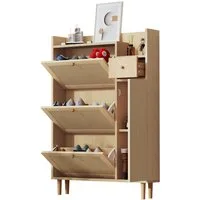 Refined Living Schuhschrank Holzwerkstoff Schuhschrank aus Rattan, mit Schublade Schuhregal (Platzsparender Aufbewahrungsschrank,Sideboard, Maße: B90/H125/T17 cm, mit 3 Kipp-Türen und 1 Schublade, 1-St., mit Massivholzbeinen und Griffen, Hochwertige 