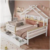 Merax Kinderbett 140x200cm mit Hausdach (Jugendbett Einzelbett, 1-tlg., stilvolles Design für Kinderzimmer), Kieferholz Hausbett mit Ablagefächern, 2 Schubladen und Schutzzaun