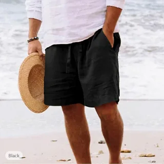 Men's Summer Cotton Linen Shorts Breathable Solid Black Drawstring Plus Size Beach Shorts Lightweight Casual Short Pants