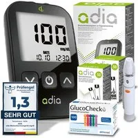 ADIA Blutzuckermessgerät adia Blutzuckermessgerät Set + 110 Teststreifen + 110 Lanzetten mg/dl