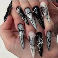 LuxusKollektion Kunstfingernägel 24 Stück Lange Stiletto Goth Schwarz Kunstnägel Glänzend Mandel Nagel