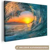 OneMillionCanvasses® Leinwandbild Sonnenuntergang - Wasser - Welle - Orange, Fotodruck (1 St), Leinwand Bilder Klein, Wand Dekoration Aesthetic 30x20 cm