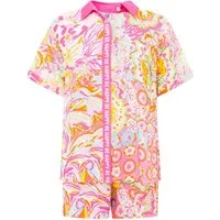 Zwillingsherz Bluse & Shorts Zwillingsherz Set "Power Aquarell" Bluse und Shorts lastisches Bündchen, Knopfleiste, Kordel mit Tasseln, Kragen