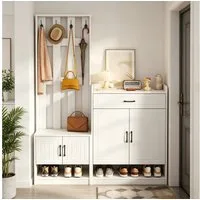 Merax Garderoben-Set mit Schuhschrank, Sitzbank und Garderobenpaneel, (140,6 x 30,5 x 180 cm, 1-St), Flurmöbel-Set Flurgarderobe mit 4 Haken, Schublade und Stauraum
