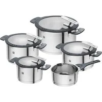 Zwilling Topf-Set Simplify, Edelstahl 18/10 (Set, 9-tlg., je 1 Kochtopf Ø 16/20/24 cm, 1 Bratentopf Ø 20 cm, 1 Stieltopf Ø 16 cm), Sandwichboden, Stay-Cool-Griffe, integriertes Sieb, (Glas)Deckelhalter