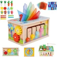 CLTYQ Motorikwürfel 6‑in‑1 Montessori Motorikwürfel aus Holz, Babyspielzeug, ab 3 Jahre, Knistertuch, Frühförderung, 36 Monate, Geschenk