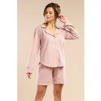 Mademoiselle Sommeil Shorty Pyjama aus EcoVero™ Viskose-Mix – Hemdbluse langarm & Shorts (2 tlg) Altrosa, paspeliert – kühlend, knitterarm, gefertigt in Polen