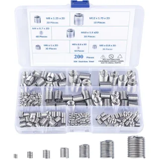 200Pcs 304 Stainless Steel Wire Thread Inserts Assortment Kit M3 M4 M5 M6 M8 M10 M12 Helical Coiled Metric Thread Repair