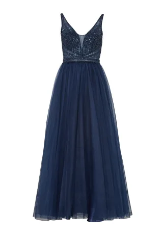 hey kyla - Lange Tüllrobe mit Netzeinsatz navy - Gr. - 38