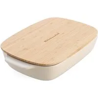 KitchenAid Auflaufform Stoneware, Keramik, Keramik Auflaufform mit Echtholz-Natur-Deckel, extra breite Gummilippe