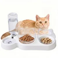 SURFOU Napf-Set 3-in-1 Katze Futternapf und Wassernapf Katzennapf mit Wasserspender, Ständer Erhöhter Futternapf für Katzen Doppelfressnapf Futterschüssel