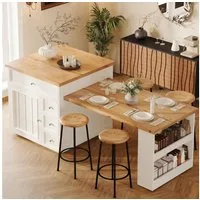 Celya Kücheninsel Ausziehbare mit Schubladen und Rollen, (fahrbare Kücheninsel mit Holzoptik-Tischplatte), Ideal für für Küche, Esszimmer und Bartresen