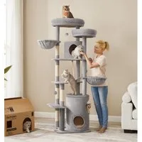 FEANDREA Kratzbaum mehrstöckiger Katzenbaum, XXL, 196 cm, mit 2 Plattformen, 3 Höhlen, 2 Mulden, 5 Kratzstämmen, Tunnel