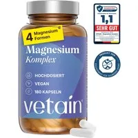 VETAIN Magnesium Komplex hochdosiert - Bisglycinat, Citrat, Malat & Taurat Kapseln, Packung à 180 St., Ohne unnötige Zusätze