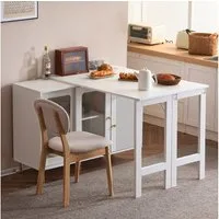 Flieks Sideboard mit klappbarem Ausziehtisch 360° drehbar Weiß (Set, 1 St., erweiterbare Tischplatte 40-80cm), Küchenschrank Esstisch mit 2 Glasschiebetür und 1 Schubladen