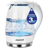 Aigostar Wasserkocher 2200W 1,7L Glaswasserkocher mit Kalkfilter, LED Beleuchtung, Weiß, 1.7 l, 2200,00 W, 360° Basis, Abschaltautomatik, Trockenschutz, Edelstahl Heizelement