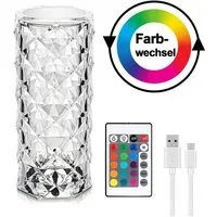 Miraval LED Dekolicht Kristall Tischlampe, mit RGB Farbwechsel inkl. Fernbedienung, LED fest integriert, Bunt, wiederaufladbar