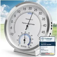 MAVORI Raumthermometer und Hygrometer analog aus Edelstahl - präzise und stilvoll - Ø 12,5cm, batteriefreier Betrieb (Bi-Metall)