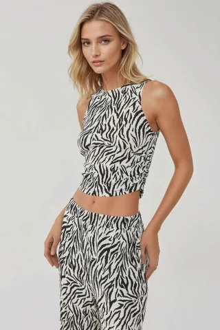 Schmal geschnittenes Zebra-Print Rundhalsoberteil