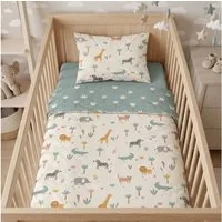 Familando Babybettwäsche Safari Tiere 100x135 40x60cm mit Elefant Tiger & Co., Renforcé, 2 teilig, mit liebevollem Motiv in dezenten Farben