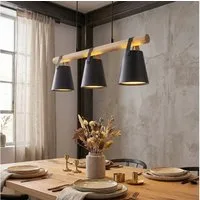 hofstein Hängeleuchte Hängelampe aus Metall/Holz/Kunststoff in Schwarz/Natur/Weiß, ohne Leuchtmittel, moderne Pendelleuchte im Boho/Retro-Design mit Holzstab, 3 x E27