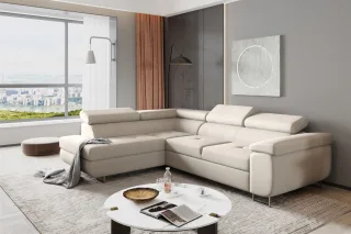 Ecksofa Sofa JADE Stoff Cover Beige mit Schlaffunktion Ottomane Links