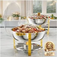 Warmounts Speisenwärmer 7,5 L Chafing Dish Speisenwärmer Set, (2-tlg., 8QT Rund, Edelstahl mit Deckelhalter und Glasdeckel), Buffet Warmhalter-Set für Catering,Partys,Abendessen