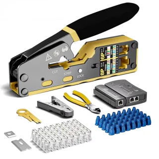 RJ45 Crimp Tool Kit Pass Through Crimper Cable Tester Wire Cutter Cat6 Connectors Strain Relief Boots Ethernet Network I