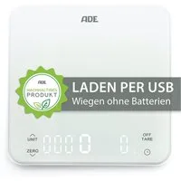 ADE Küchenwaage KE2100 Digitale Waage mit Akku (Aufladen per USB-Kabel), Aufladung per USB-Kabel, integriertem Timer, perfekt als Kaffeewaage