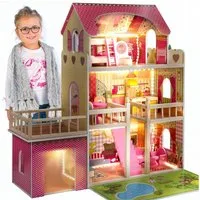 Kinderplay Dolls & Strollers Puppenhaus Puppenhaus Holzvilla – 3 Etagen mit LED Licht – Spielhaus mit Garage