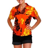 King Kameha Hawaiihemd Mono Hibiscus Funky Hawaiibluse Damen Kurzarm Front-Tasche Stylish