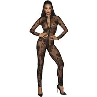 Noir Handmade Overall Schwarzer transparenter Damen Overall aus Tüll Stickerei mit Reißversc