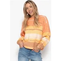 SASSYCLASSY Strickpullover Gestreifter Pullover mit Loch-Strickmuster Weicher Pullover mit Rundhalsausschnitt in lockerem Schnitt Gelb