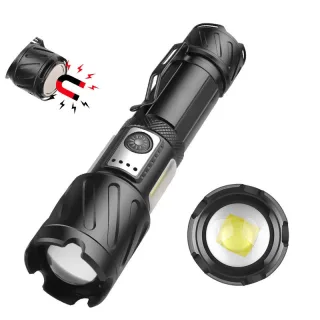BikightPowerful Zoomable Flashlight with COB Sidelight with 18650 Battery Magnet Tail, High Power Tactical Torch USB R
