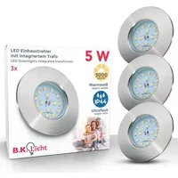 B.K.Licht LED Einbauleuchte 3er Set Bad Einbaustrahler, IP44 geschützt, LED Einbauspots, flach, LED fest integriert, Warmweiß, 3.000K, 400Lm, 4,8W, Kunststoff, 7,5 x 3 cm, Nickel