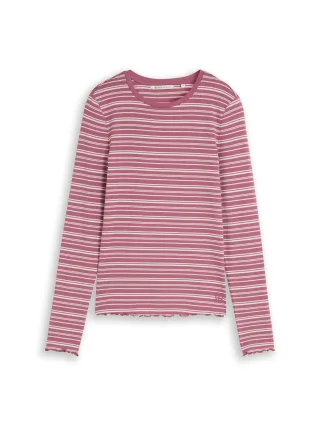 Denim Tom Tailor - longsleeve T-shirt with frill edge berry white irregular stripe - Gr. - M