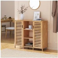 en.casa Beistellschrank (2-tlg. Schrankteil mit Regal + Schrankelement) »Hakseri« 2 Lamellentüren 3 offene Fächer 87x99x33 cm Bambus Natur