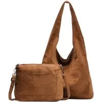 ITALYSHOP24 Schultertasche Damen Tasche Set 2in1 Shopper Handtasche Crossbody Velours CrossOver (Spar-Set 2 in1 Hobo + Crossbody Bag / Schmucktasche, Leichtgewicht, Wildleder Optik), Hobo Bag Umhängetasche Body Bag Beuteltasche Workbag Freizeit Urlau