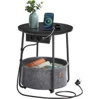 VASAGLE Beistelltisch, rund, mit Steckdose, USB-Anschlüsse, mit Korb aus Stoff, Ø45 cm